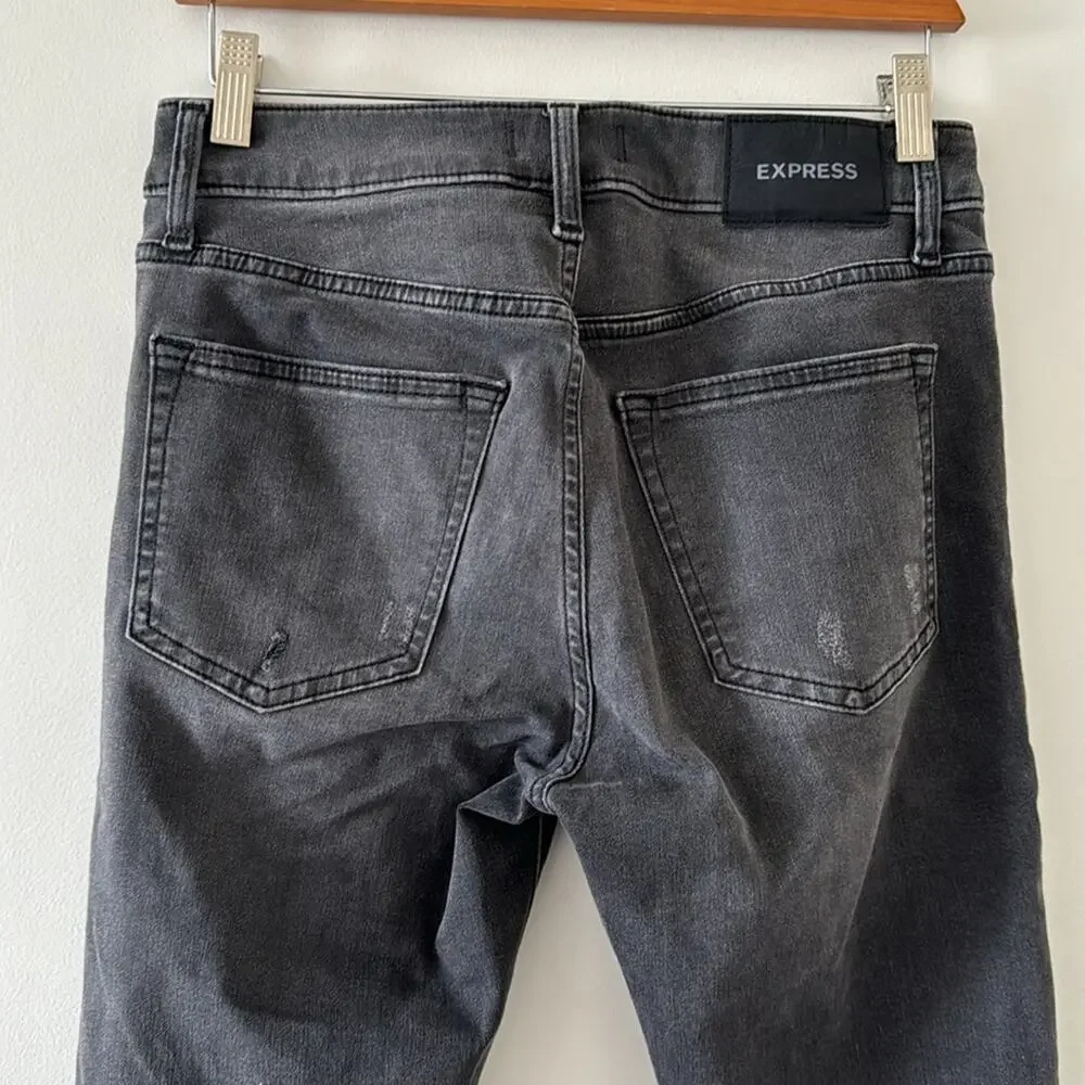 Express Men’s Super Skinny Dark Grey Ripped Hyper Stretch Jeans 28 x 32